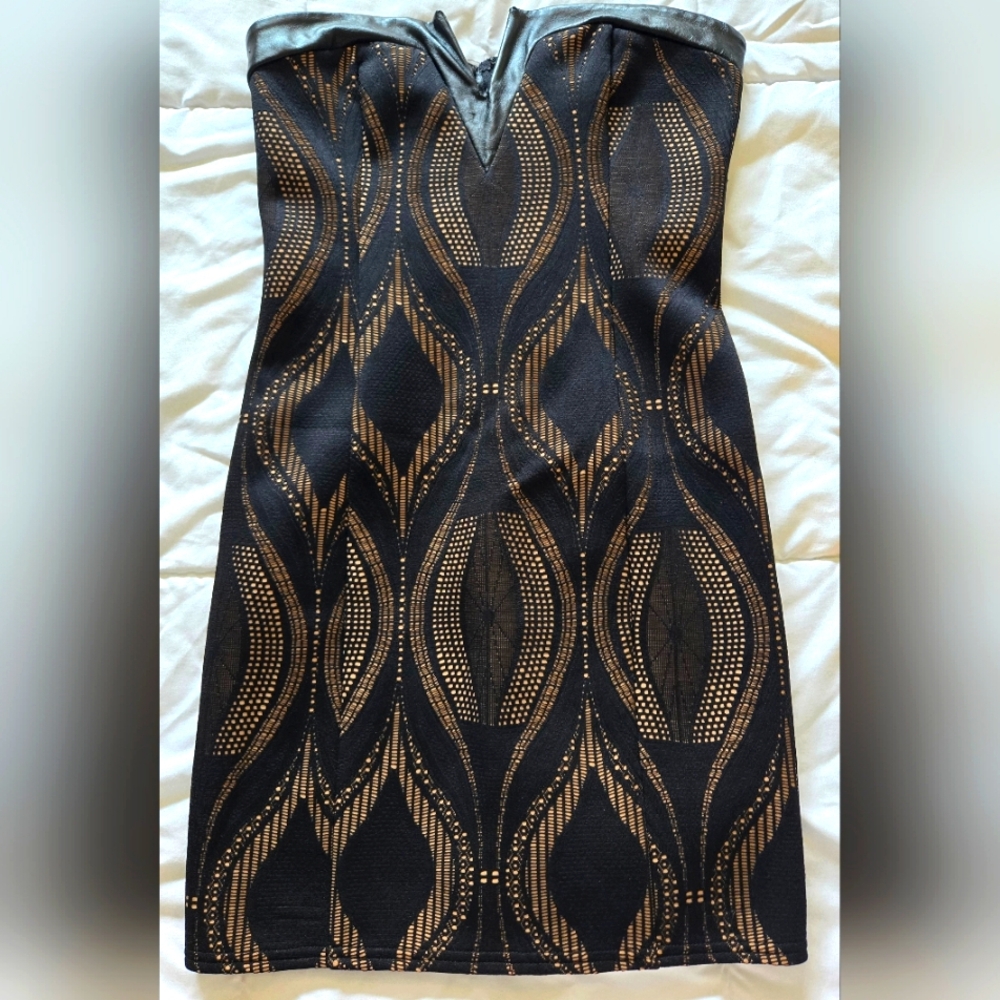 Guess Black and Tan Patterned Sexy Mini Dress with Faux Leather Acents Size S